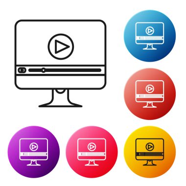 Siyah çizgi çevrimiçi video simgesi beyaz arkaplanda izole edildi. Bilgisayar monitörü ve oyun işaretli film şeridi. Renkli daire düğmelerini ayarlayın. Vektör İllüstrasyonu