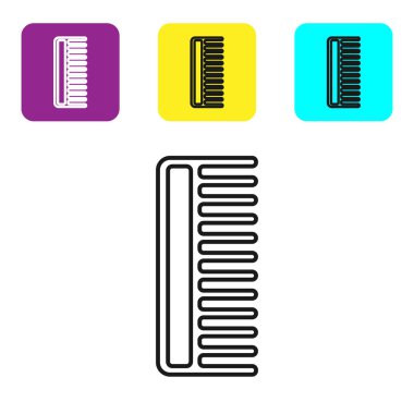 Beyaz arkaplanda siyah çizgi saç fırçası simgesi izole edildi. Taraklı saç işareti. Berber sembolü. Renkli kare düğmeleri ayarlayın. Vektör İllüstrasyonu