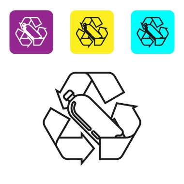 Siyah çizgi geri dönüşüm plastik şişe simgesi beyaz arka planda izole. Renkli kare düğmeleri ayarlayın. Vektör İllüstrasyonu