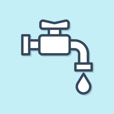 Mavi hat su musluğu simgesi mavi arkaplanda izole edildi. Vektör İllüstrasyonu