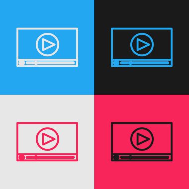 Renk satırı Çevrimiçi video simgesi renk arkaplanında izole edildi. Oyun işaretli film şeridi. Klasik tarzda çizim. Vektör İllüstrasyonu