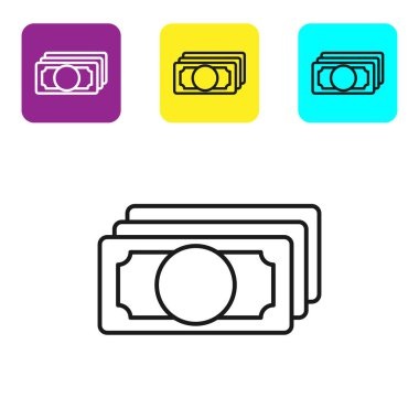 Siyah çizgi Beyaz arka plan üzerinde izole kağıt para nakit simgesi yığınları. Para banknotları yığınları. Fatura para birimi. Simgeleri renkli kare düğmeleri ayarlayın. Vektör İllüstrasyonu