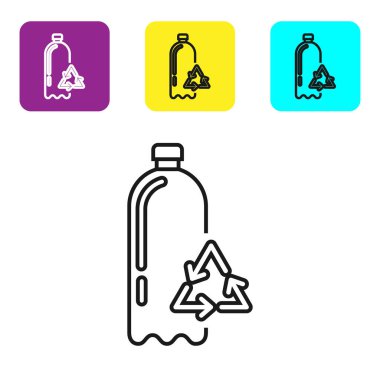 Siyah çizgi geri dönüşüm plastik şişe simgesi beyaz arka planda izole. Renkli kare düğmeleri ayarlayın. Vektör İllüstrasyonu