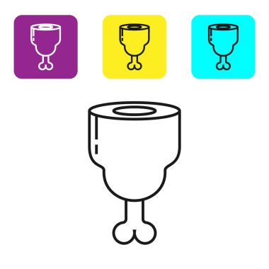 Siyah çizgi Tavuk bacak simgesi beyaz arka plan üzerinde izole. Tavuk baget. Simgeleri renkli kare düğmeleri ayarlayın. Vektör İllüstrasyonu