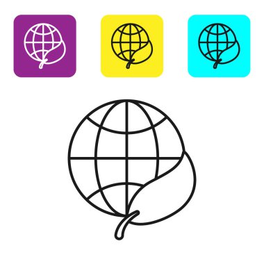 Siyah çizgi Dünya küresi ve yaprak ikonu beyaz arkaplanda izole edilmiş. Dünya ya da Dünya işareti. Geometrik şekiller. Çevresel konsept. Renkli kare düğmeleri ayarlayın. Vektör İllüstrasyonu
