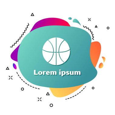 Beyaz arka planda izole edilmiş beyaz basketbol topu ikonu. Spor sembolü. Sıvı şekilli soyut pankart. Vektör İllüstrasyonu