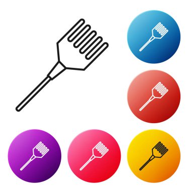 Beyaz arkaplanda siyah çizgi saç fırçası simgesi izole edildi. Taraklı saç işareti. Berber sembolü. Renkli daire düğmelerini ayarlayın. Vektör İllüstrasyonu