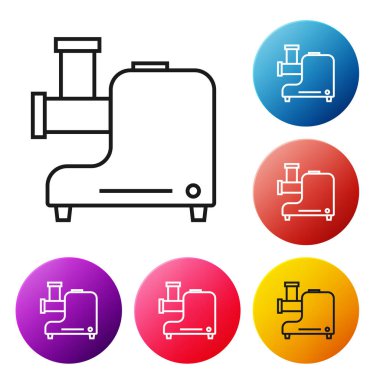 Siyah çizgi Mutfak Et Öğütücü simgesi beyaz arka planda izole edildi. Renkli daire düğmelerini ayarlayın. Vektör İllüstrasyonu