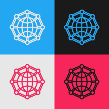 Renk çizgisi Global teknolojisi veya sosyal ağ simgesi renk arkaplanında izole edildi. Klasik tarzda çizim. Vektör İllüstrasyonu