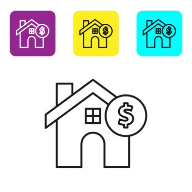 Beyaz arka planda dolar sembolü olan siyah çizgi evi. Ev ve para. Emlak konsepti. Renkli kare düğmeleri ayarlayın. Vektör İllüstrasyonu