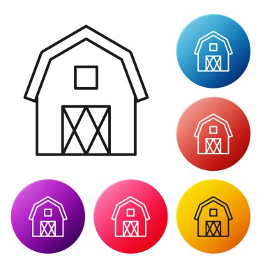Siyah çizgi Farm House kavram simgesi beyaz arka plan üzerinde izole. Rustik çiftlik arazisi. Simgeleri renkli daire düğmeleri ayarlayın. Vektör İllüstrasyonu
