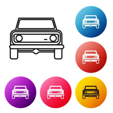 Siyah çizgi off road car ikonu beyaz arka planda izole edildi. Cip işareti. Renkli daire düğmelerini ayarlayın. Vektör İllüstrasyonu