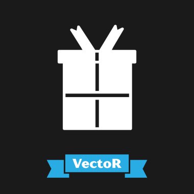 Beyaz hediye kutusu simgesi siyah arkaplanda izole edildi. Doğum günün kutlu olsun. Vektör İllüstrasyonu