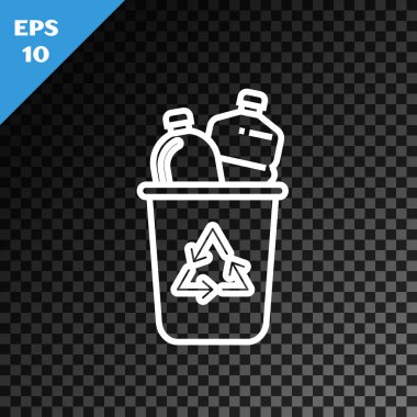 Geri dönüşüm sembolü simgesi olan beyaz çizgi geri dönüşüm kutusu şeffaf koyu arkaplanda izole edildi. Çöp kutusu simgesi. Çöp kutusu tabelası. Geri dönüşüm sepeti işareti. Vektör İllüstrasyonu