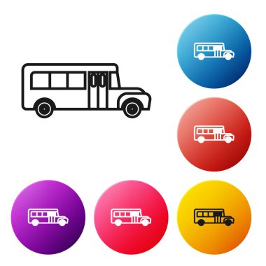 Siyah çizgi okul servisi simgesi beyaz arkaplanda izole edildi. Toplu taşıma sembolü. Renkli daire düğmelerini ayarlayın. Vektör İllüstrasyonu