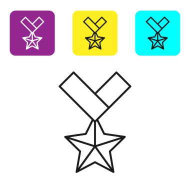 Beyaz arka planda siyah çizgi askeri ödül ikonu var. Ordu işareti. Renkli kare düğmeleri ayarlayın. Vektör İllüstrasyonu