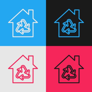 Renk arkaplanda izole edilmiş geri dönüşüm sembolü simgesi olan renk çizgisi Eco House. Geri dönüşüm oklarıyla ekoloji evi. Klasik tarzda çizim. Vektör İllüstrasyonu