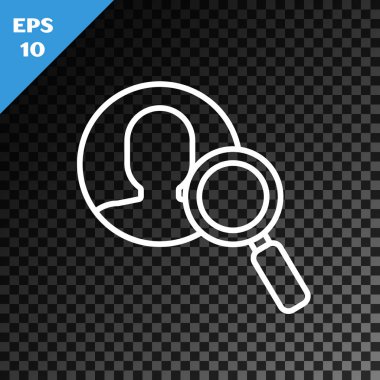 Beyaz çizgi büyüteç, şeffaf koyu arkaplanda izole edilmiş bir insan simgesini arıyor. İşe alım ya da seçim konsepti. Çalışanları ve işi ara. Vektör İllüstrasyonu