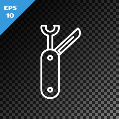 Beyaz çizgili İsviçre çakısı simgesi, şeffaf koyu arkaplanda izole edilmiş. Çoklu alet, çok amaçlı çakı. Çok fonksiyonlu bir alet. Vektör İllüstrasyonu