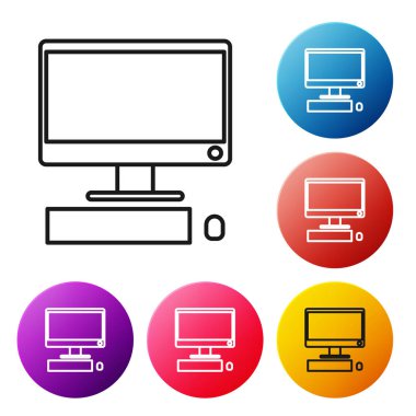 Klavye ve fare simgesine sahip siyah çizgi bilgisayar monitörü beyaz arkaplanda izole edildi. Bilgisayar bileşeni işareti. Renkli daire düğmelerini ayarlayın. Vektör İllüstrasyonu