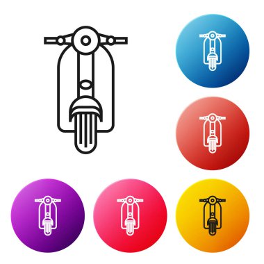 Siyah çizgi Scooter simgesi beyaz arkaplanda izole edildi. Renkli daire düğmelerini ayarlayın. Vektör İllüstrasyonu