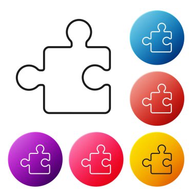 Yapboz simgesinin siyah çizgisi beyaz arkaplanda izole edilmiş. Modern daire, iş, pazarlama, finans, internet konsepti. Renkli daire düğmelerini ayarlayın. Vektör İllüstrasyonu