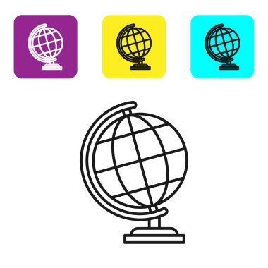 Siyah çizgi Dünya ikonu beyaz arka planda izole edilmiş. Renkli kare düğmeleri ayarlayın. Vektör İllüstrasyonu