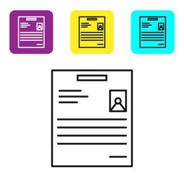 Beyaz arkaplanda siyah çizgi kişisel belge simgesi izole edildi. Dosya simgesi. Kontrol listesi simgesi. İş konsepti. Renkli kare düğmeleri ayarlayın. Vektör İllüstrasyonu