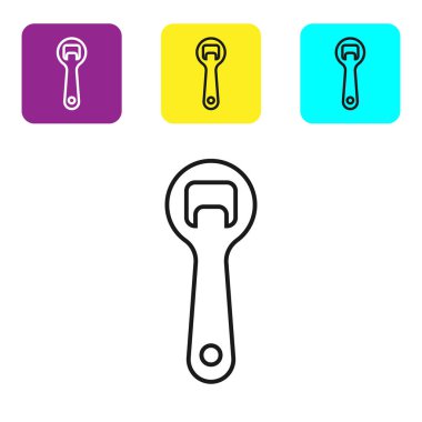 Siyah çizgi şişe açacağı simgesi beyaz arkaplanda izole edildi. Renkli kare düğmeleri ayarlayın. Vektör İllüstrasyonu