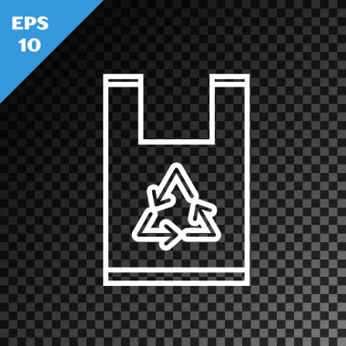 Geri dönüşüm simgesinin olduğu beyaz çizgi plastik torba şeffaf koyu arkaplanda izole edilmiş. Geri dönüşüm sembollü çanta. Vektör İllüstrasyonu
