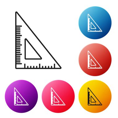 Siyah çizgi üçgen cetvel simgesi beyaz arkaplanda izole edildi. Düz sembol. Geometrik sembol. Renkli daire düğmelerini ayarlayın. Vektör İllüstrasyonu