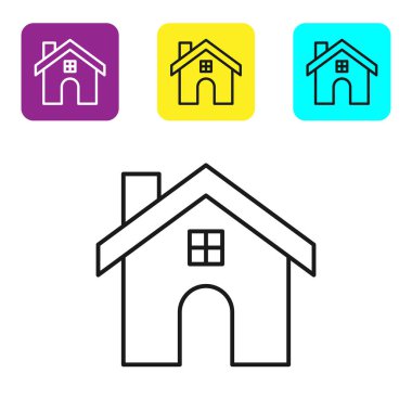 Beyaz arka planda siyah çizgi ev simgesi izole edildi. Ev sembolü. Renkli kare düğmeleri ayarlayın. Vektör İllüstrasyonu