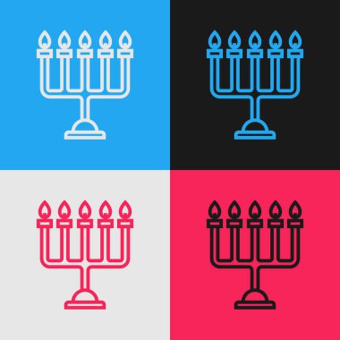 Renk çizgisi Hanuka menorah simgesi renk arkaplanında izole edildi. Geleneksel Hanuka sembolü. Tatil dini, Yahudi Işık Festivali. Klasik tarzda çizim. Vektör İllüstrasyonu