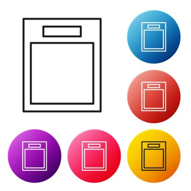 Beyaz arkaplanda siyah çizgi boş form simgesi izole edildi. Dosya simgesi. Kontrol listesi simgesi. İş konsepti. Renkli daire düğmelerini ayarlayın. Vektör İllüstrasyonu