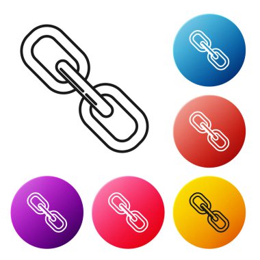 Siyah çizgi zincir bağlantısı simgesi beyaz arkaplanda izole edildi. Bağlantı bekar. Renkli daire düğmelerini ayarlayın. Vektör İllüstrasyonu