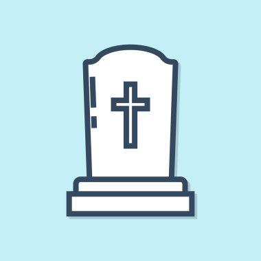 Mavi çizgi Tombstone mavi arka planda çapraz simge izole. Mezar ikonu. Vektör İllüstrasyonu