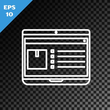 Uygulama iletim simgesine sahip beyaz çizgi dizüstü bilgisayar şeffaf koyu arkaplanda izole edildi. Paket takibi. Vektör İllüstrasyonu