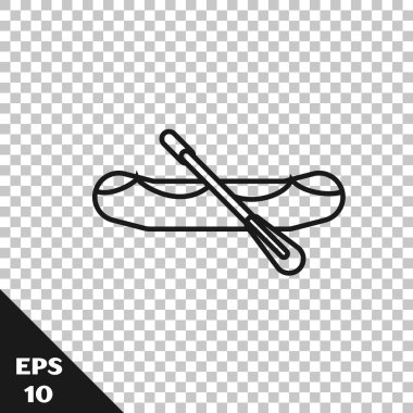 Siyah çizgi Rafting tekne simgesi şeffaf arkaplanda izole edildi. Kürekleri olan şişme bir tekne. Su sporları, ekstrem sporlar, tatil, tatil. Vektör İllüstrasyonu