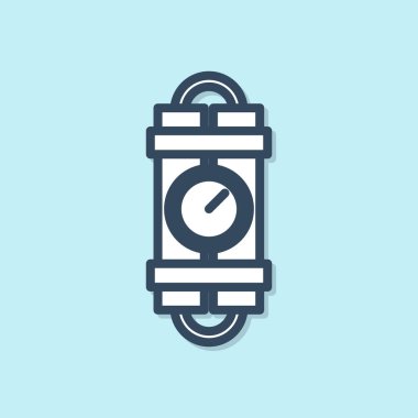 Mavi hat dinamit bomba çubuğunu ve zamanlayıcı ikonunu mavi arka planda izole edin. Saatli bomba - patlama tehlikesi kavramı. Vektör İllüstrasyonu