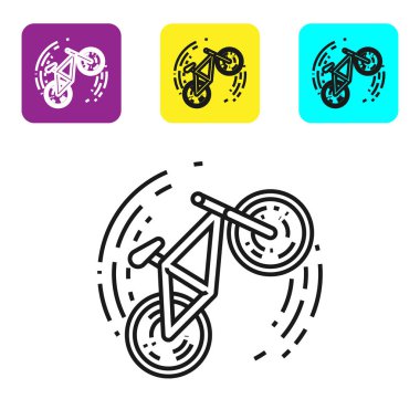 Siyah çizgi bisiklet numarası simgesi beyaz arkaplanda izole edildi. Bisiklet yarışı. Olağanüstü bir spor. Spor malzemeleri. Renkli kare düğmeleri ayarlayın. Vektör İllüstrasyonu