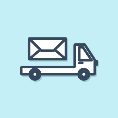 Mavi çizgi posta kamyonu simgesi mavi arkaplanda izole edildi. Posta arabası. Zarflı ya da mektuplu araç nakliyesi. Vektör İllüstrasyonu