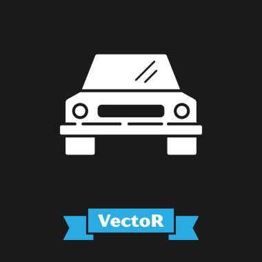 Beyaz araba simgesi siyah arkaplanda izole edildi. Ön manzara. Vektör İllüstrasyonu