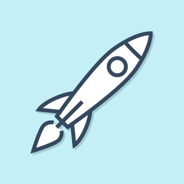 Mavi çizgi roket gemisi mavi arka planda izole edilmiş ateş ikonu var. Uzay yolculuğu. Vektör İllüstrasyonu