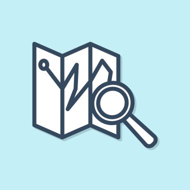 Mavi çizgi, mavi arkaplan üzerinde konum belirleyici simgesi olan katlanmış harita. Vektör İllüstrasyonu