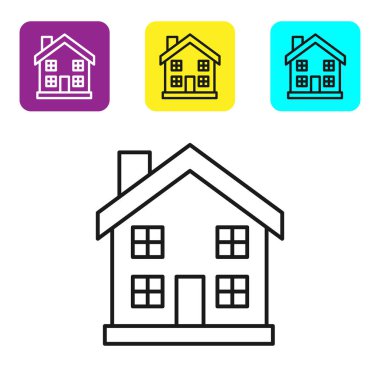 Beyaz arka planda siyah çizgi ev simgesi izole edildi. Ev sembolü. Renkli kare düğmeleri ayarlayın. Vektör İllüstrasyonu