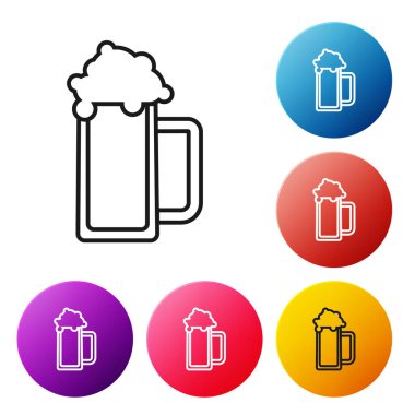 Beyaz arka planda izole edilmiş siyah çizgi bira ikonu. Renkli daire düğmelerini ayarlayın. Vektör İllüstrasyonu