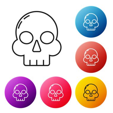 Siyah çizgi Kafatası simgesi beyaz arkaplanda izole edildi. Mutlu Cadılar Bayramı Partisi. Renkli daire düğmelerini ayarlayın. Vektör İllüstrasyonu