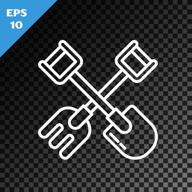 Beyaz çizgi kürek ve tırmık simgesi şeffaf koyu arkaplanda izole edildi. Bahçecilik, tarım, bahçıvanlık, çiftçilik aletleri. Toprak işçisi. Vektör İllüstrasyonu