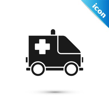 Siyah ambulans ve acil durum arabası ikonu beyaz arka planda izole edildi. Ambulans aracı tıbbi tahliye. Vektör İllüstrasyonu