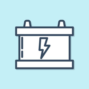 Mavi çizgili araba aküsü ikonu mavi arka planda izole edildi. Akümülatör bataryası enerji ve elektrik akümülatörü bataryası. Şimşek çaktı. Vektör İllüstrasyonu